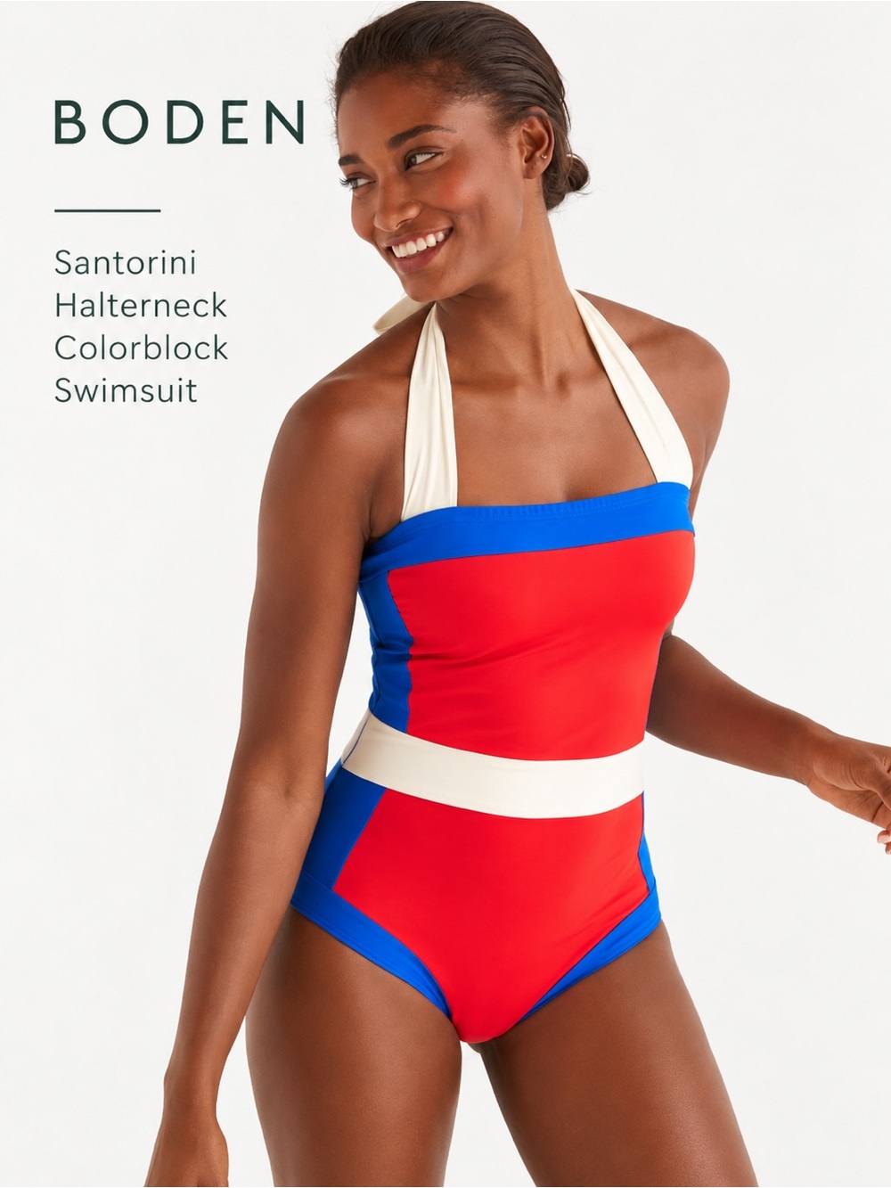 Boden Santorini Halterneck Colorblock One Piece Swimsuit Red Blue Ivory 8 NWT